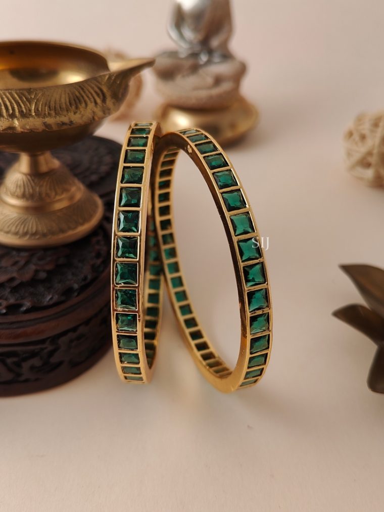 Gold Finish Square Shaped Green Stone Bangles