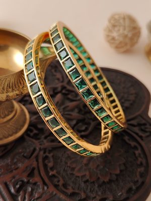 Gold Finish Square Shaped Green Stone Bangles