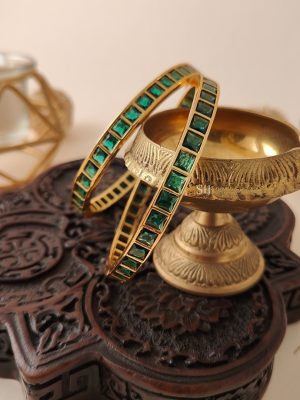 Gold Finish Square Shaped Green Stone Bangles