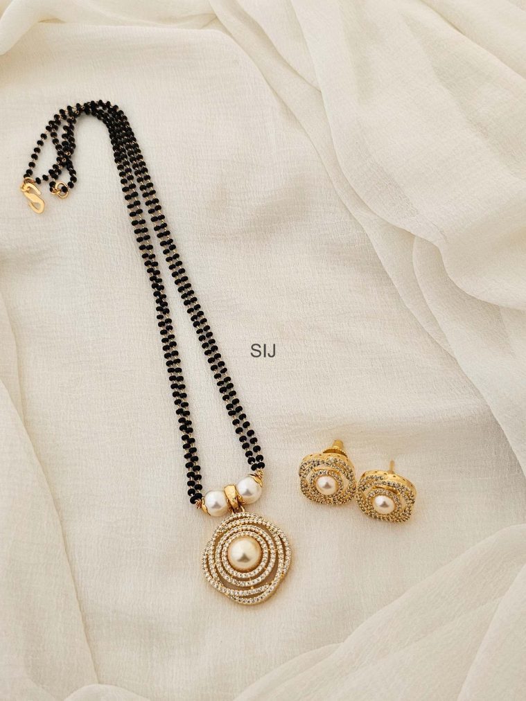 Gold Plated Black Beads CZ Pendant Mangalsutra Set