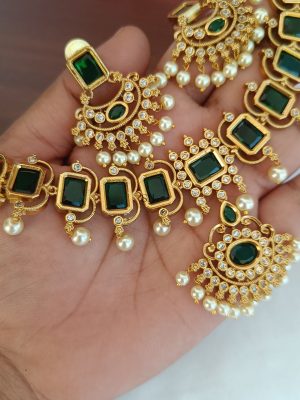 Gold Plated Bridal Green Attigai Necklace Set