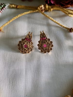 Gold Plated Flower Design Pink Stone Necklace Set