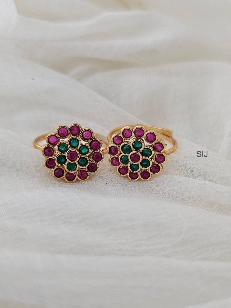 Gold Plated Flower Design Ruby Emerald Toe Rings