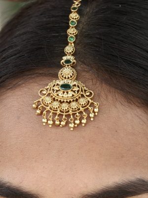 Gold Plated Green Stone Pushpa Tikka