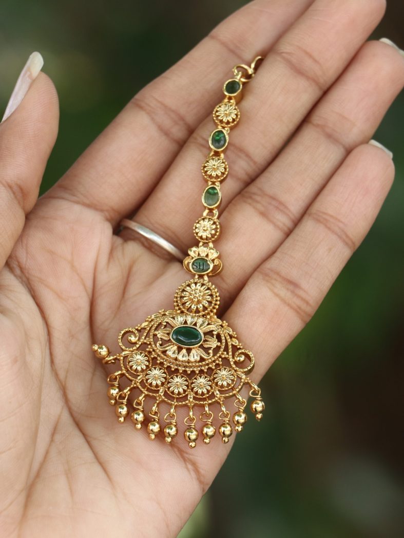 Gold Plated Green Stone Pushpa Tikka