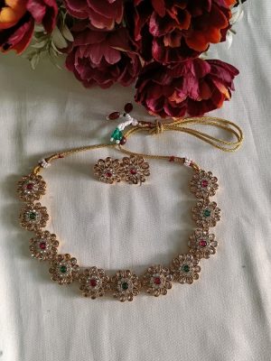 Gold Plated Multi Color Stone Flower Design Necklace Set