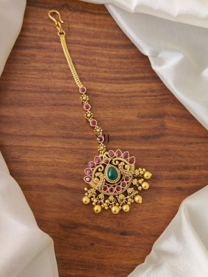 Gold Plated Peacock Design Kemp Stones Floral Tikka