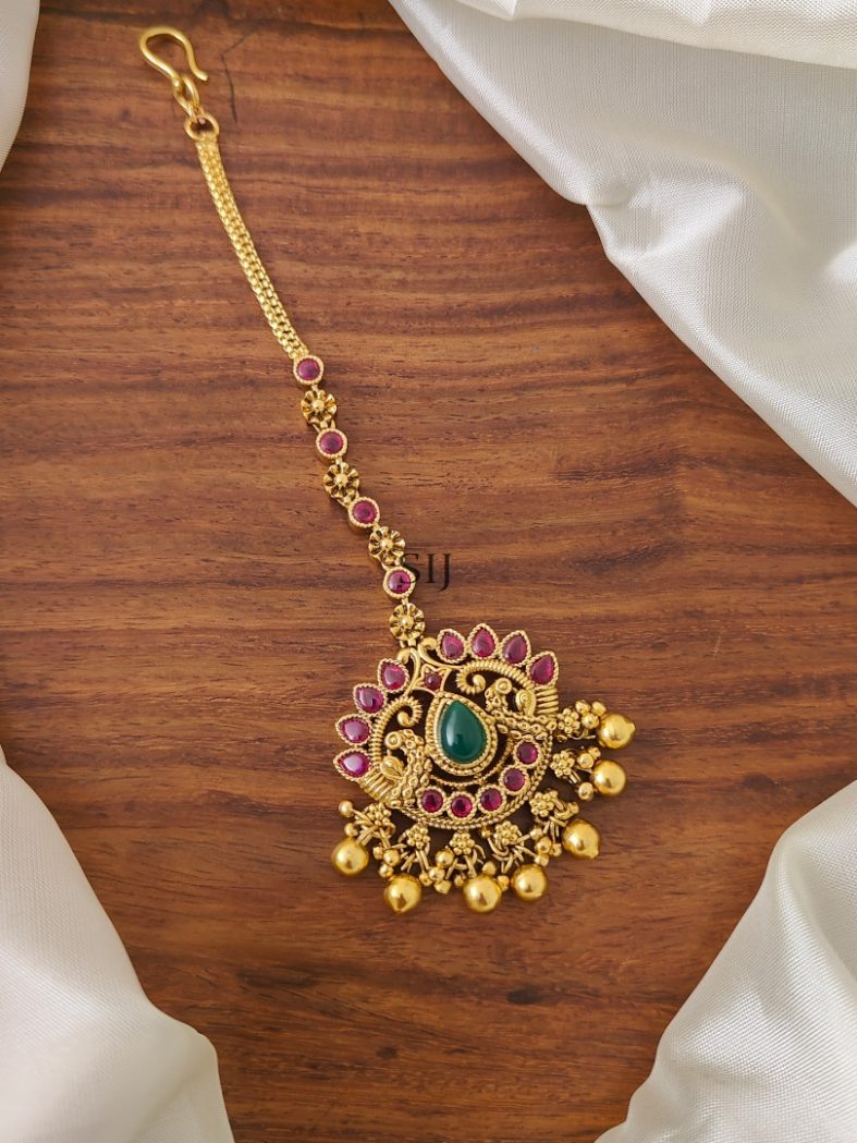 Gold Plated Peacock Design Kemp Stones Floral Tikka