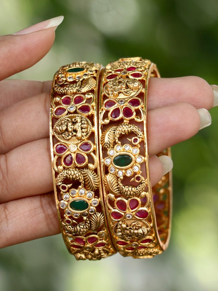 Gold Tone Lakshmi Motif Manikya Bangles