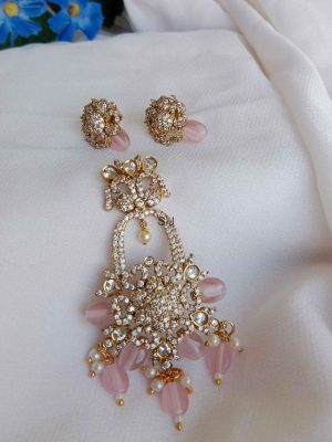 Gold Tone Pink Beads Victorian Pendant Set