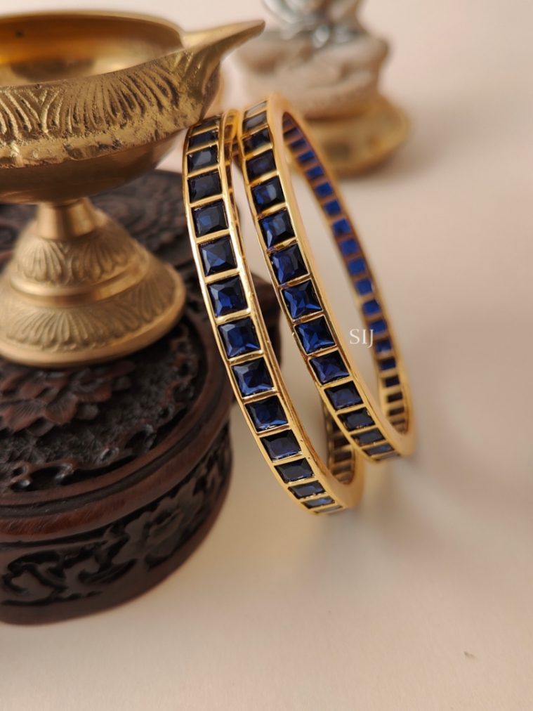 Gold Tone Square Shaped Blue Stone Bangles