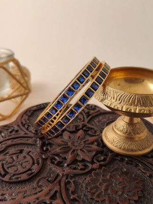 Gold Tone Square Shaped Blue Stone Bangles