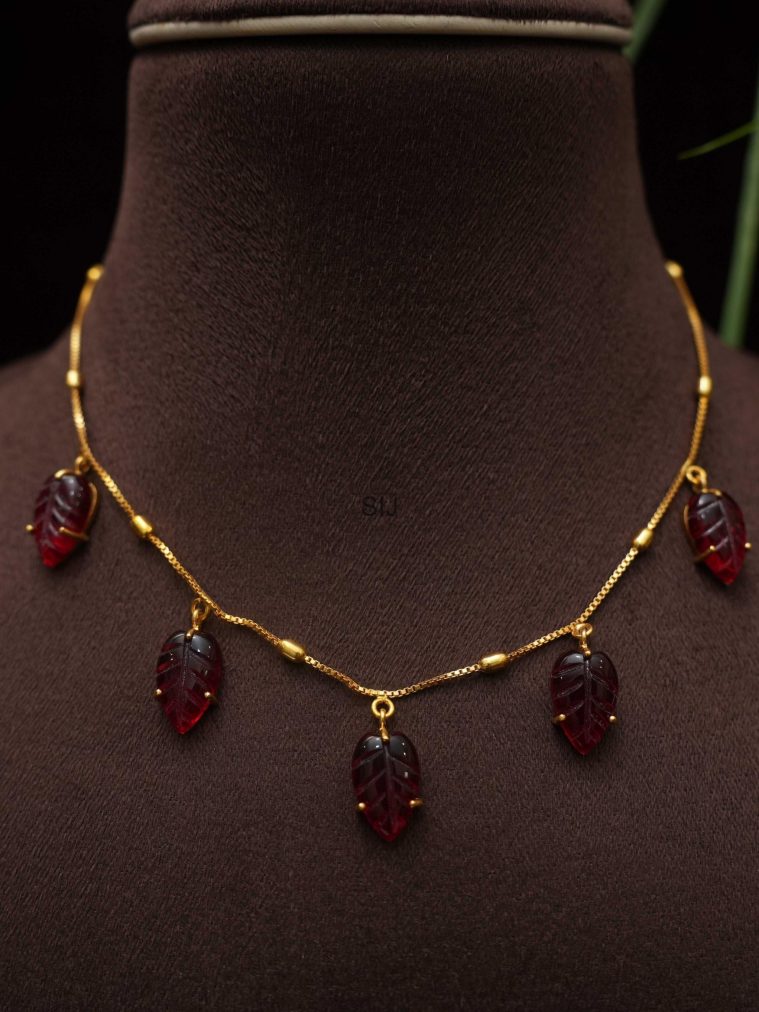 Gold plated Maroon Color Leaf Motif Necklace Set