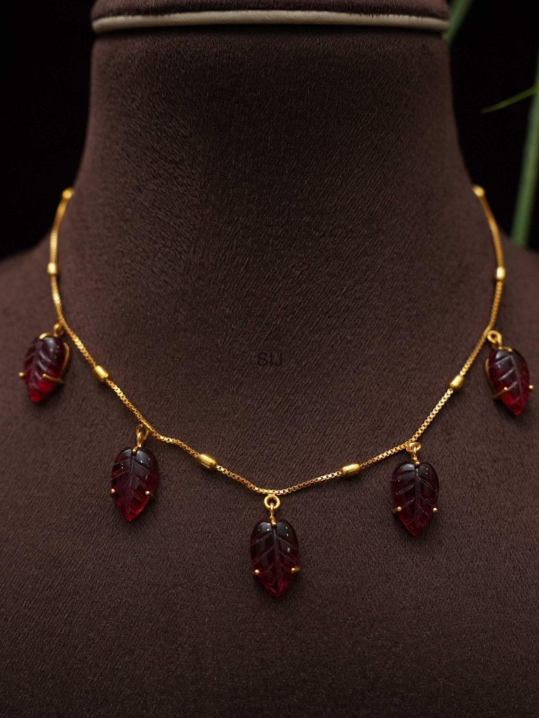 Gold plated Maroon Color Leaf Motif Necklace Set