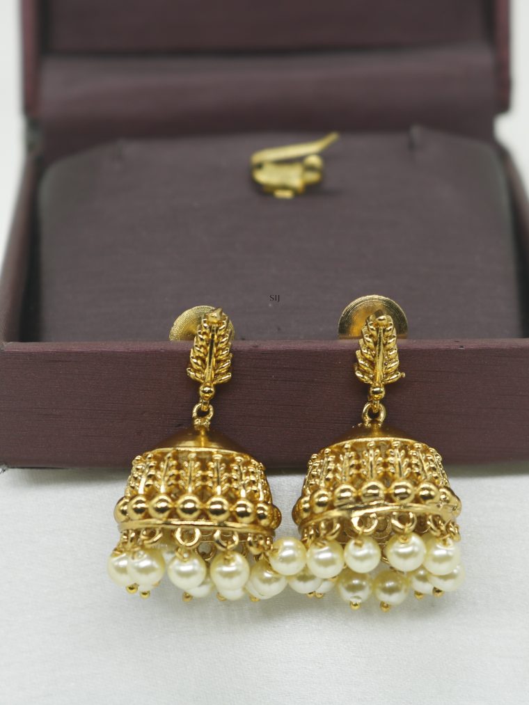 Golden Leaf Pearl Drop Jhumka Earrings