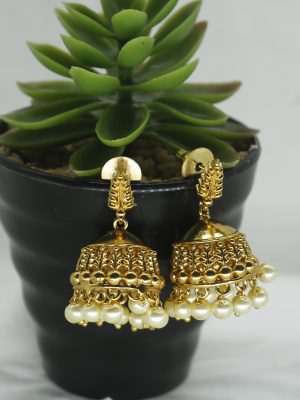 Golden Leaf Pearl Drop Jhumka Earrings