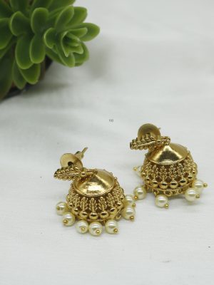 Golden Leaf Pearl Drop Jhumka Earrings