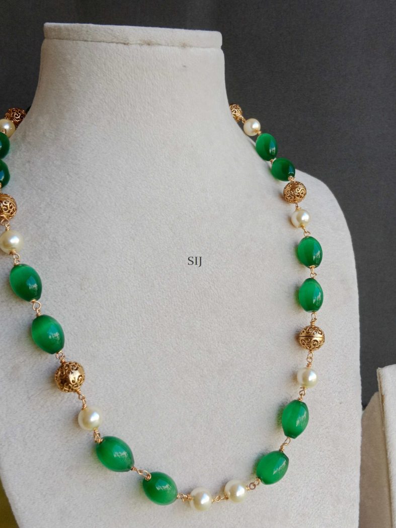 Green &Antique Gold Beaded Pearl Chain