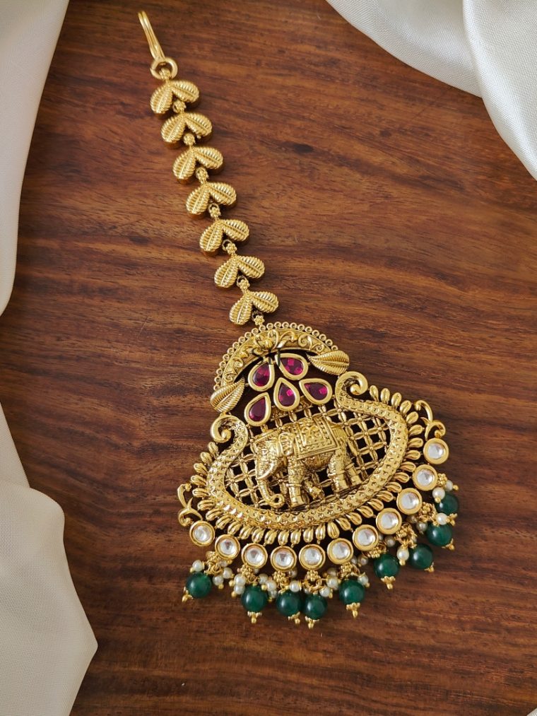 Green Beaded Drop Elephant Design Tikka