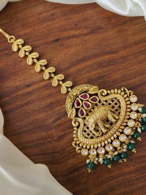 Green Beaded Drop Elephant Design Tikka