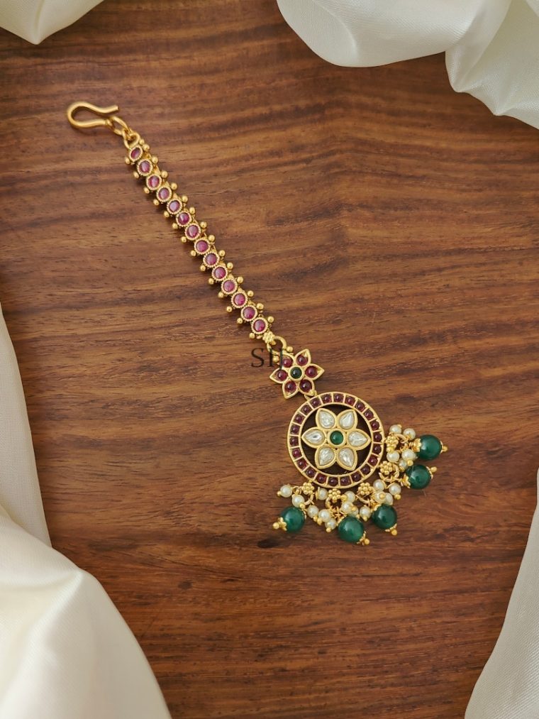 Green Beaded Drops Kemp Stones Floral Tikka