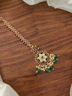 Green Beaded Drops Kemp Stones Floral Tikka