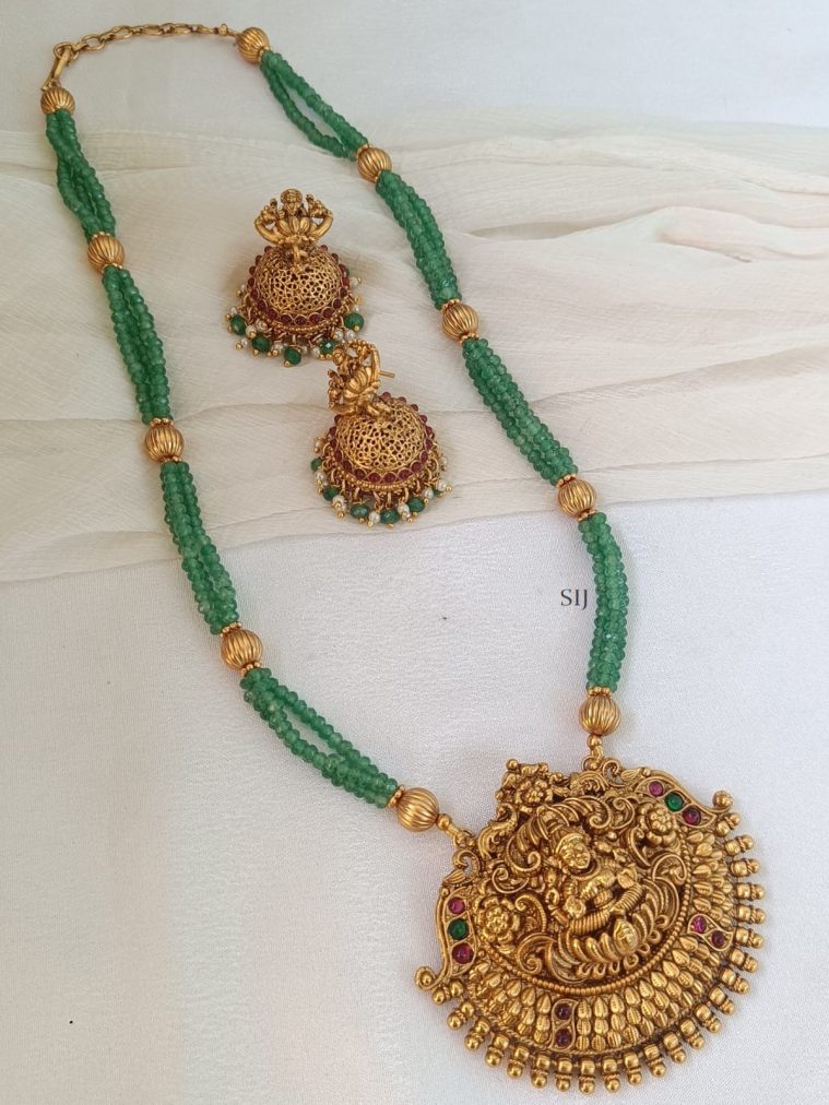 Green Beads Lakshmi Pedant Long Haram Set