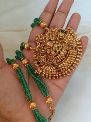 Green Beads Lakshmi Pedant Long Haram Set