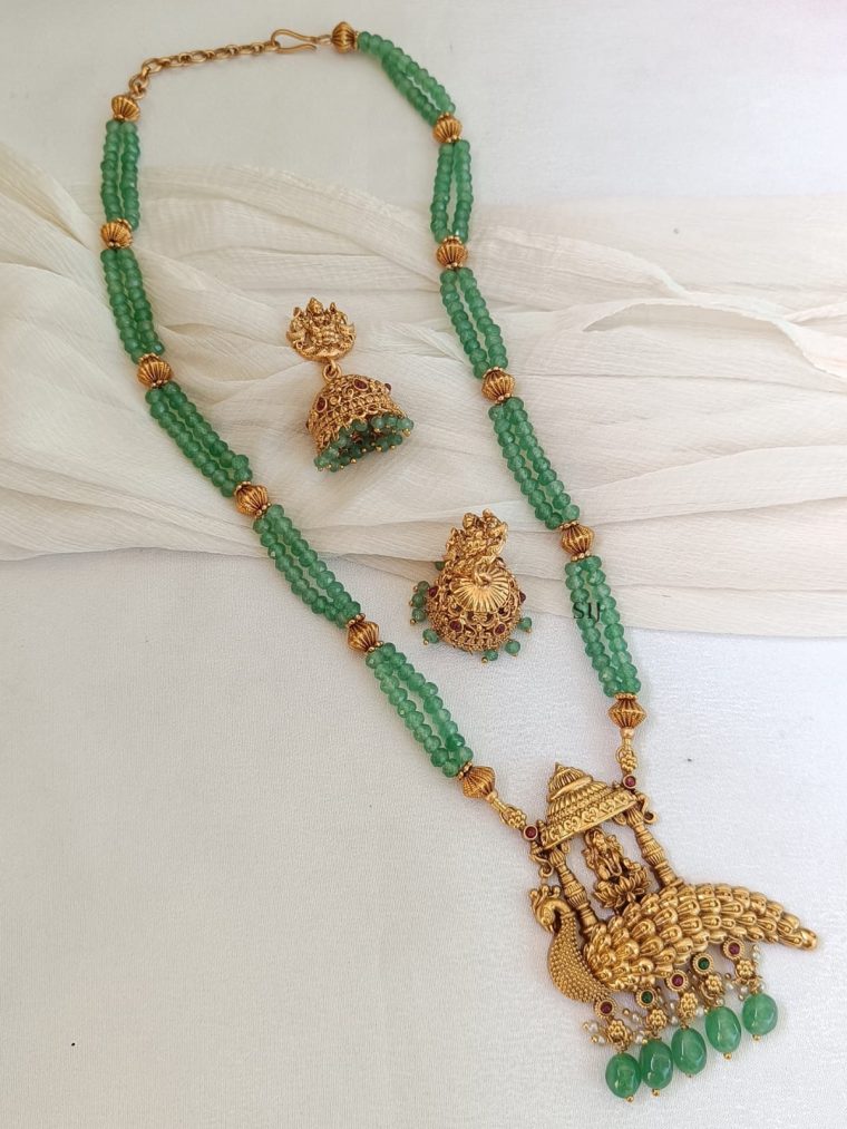 Green Beads Peacock Lakshmi Long Haaram Set