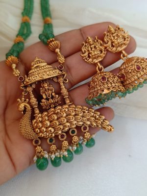 Green Beads Peacock Lakshmi Long Haaram Set