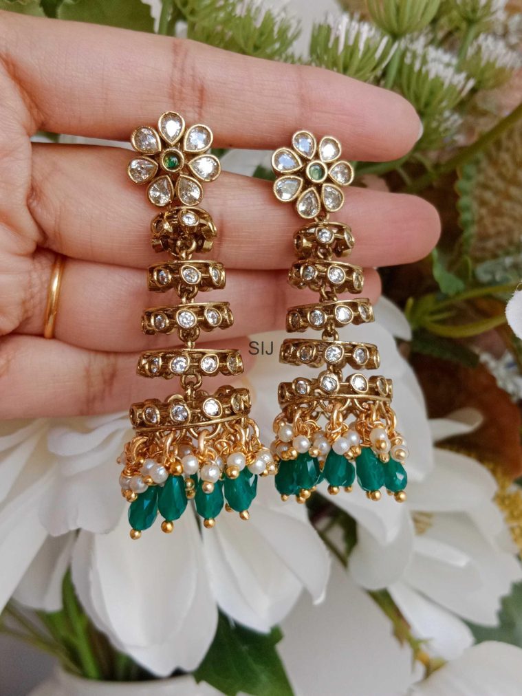 Green Beads &Pearl Droped Long Jhumkas