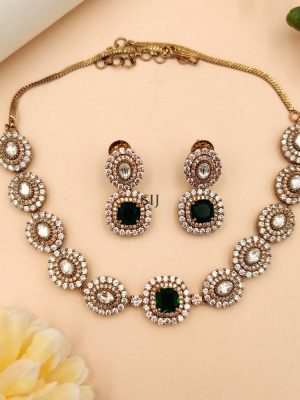 Green & White AD Stones Necklace Set