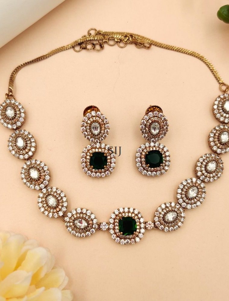 Green & White AD Stones Necklace Set