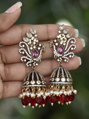 Imitation Peacock Design Beads &Pearl Jhumka Earrings