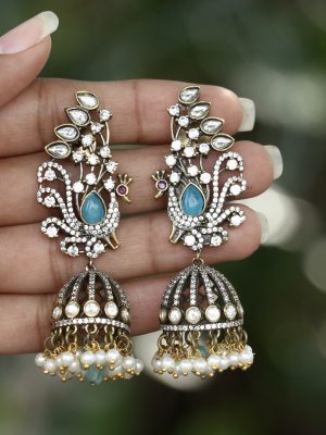 Imitation Peacock Design Beads &Pearl Jhumka Earrings