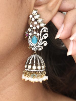 Imitation Peacock Design Beads &Pearl Jhumka Earrings