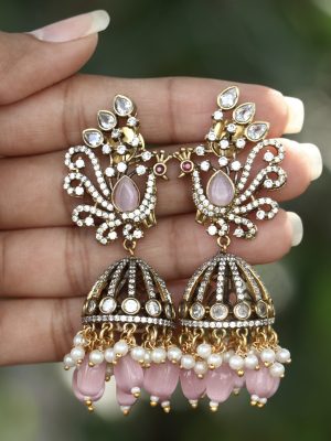 Imitation Peacock Design Beads &Pearl Jhumka Earrings