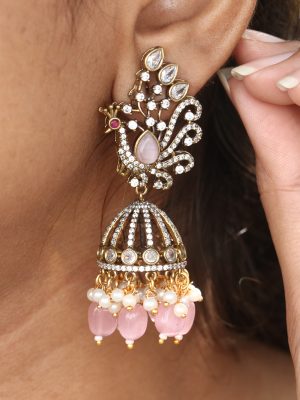 Imitation Peacock Design Beads &Pearl Jhumka Earrings