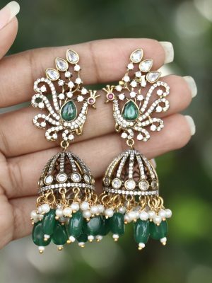 Imitation Peacock Design Beads &Pearl Jhumka Earrings