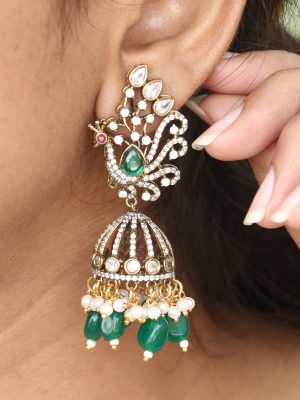 Imitation Peacock Design Beads &Pearl Jhumka Earrings