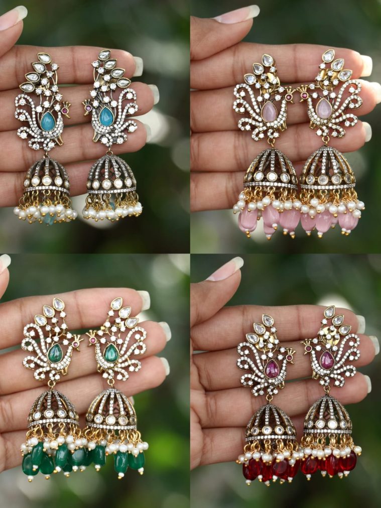 Imitation Peacock Design Beads &Pearl Jhumka Earrings