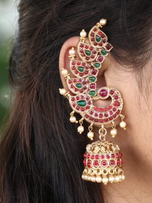 Kemp Stone Pearl Drop Rajwada Ear-Cuff Earrings