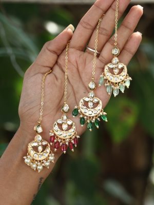 Kundan Stone Pearl &Beads Droped Maang Tikka