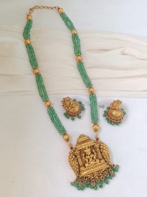 Lakshmi Motif Green Beads Long Haaram Set