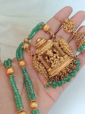 Lakshmi Motif Green Beads Long Haaram Set