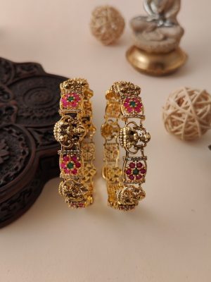 Lakshmi Motif Pink &Green Stone Bangles