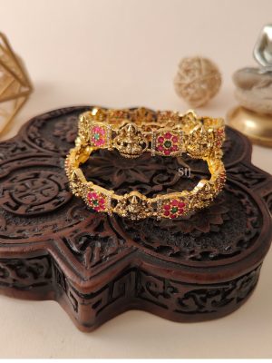 Lakshmi Motif Pink &Green Stone Bangles