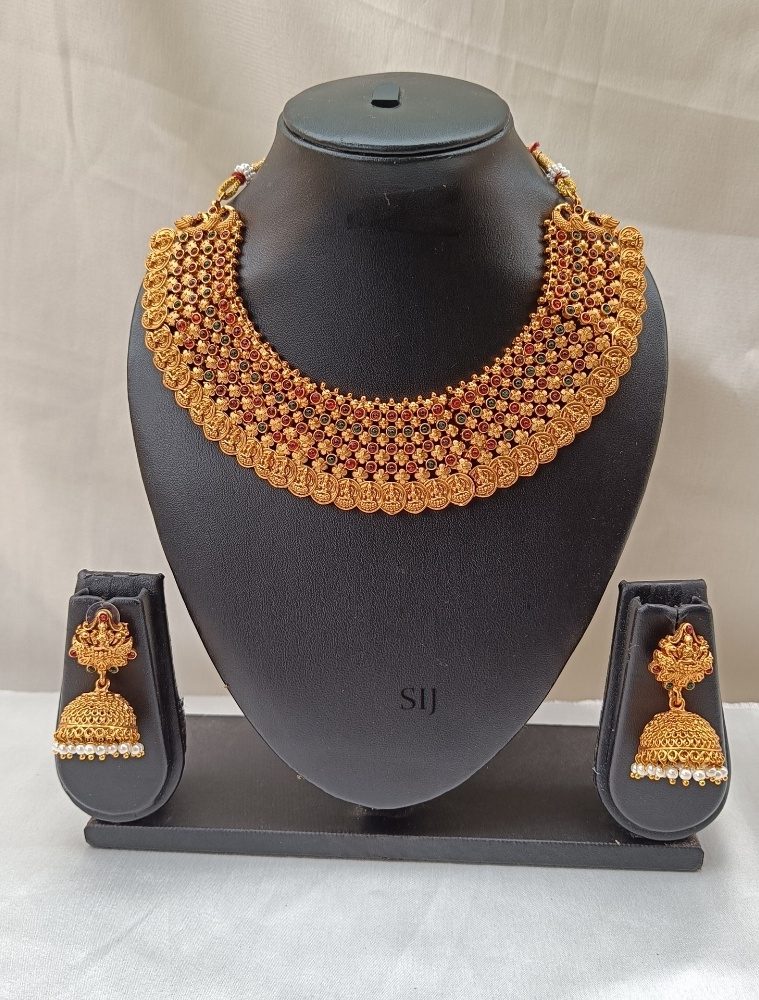 Lakshmi Motif Red &Green Stones Studded Necklace Set