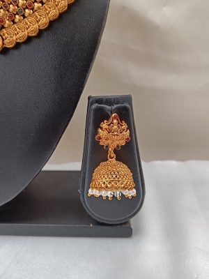 Lakshmi Motif Red &Green Stones Studded Necklace Set