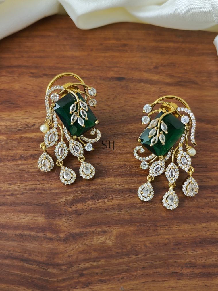 Leaf Design AD &Dark Green Stones Earring